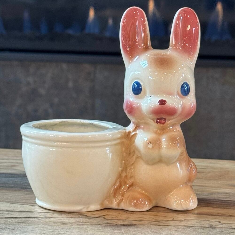 Vtg 1950s Rempel Diamond Pottery Bunny Rabbit Planter Kitsch Easter Foil Label